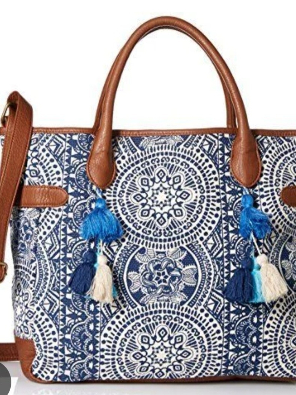 T-Shirt & Jeans Navy Cream Mandala Floral Patterned Tote w/Tassels Boho Everyday